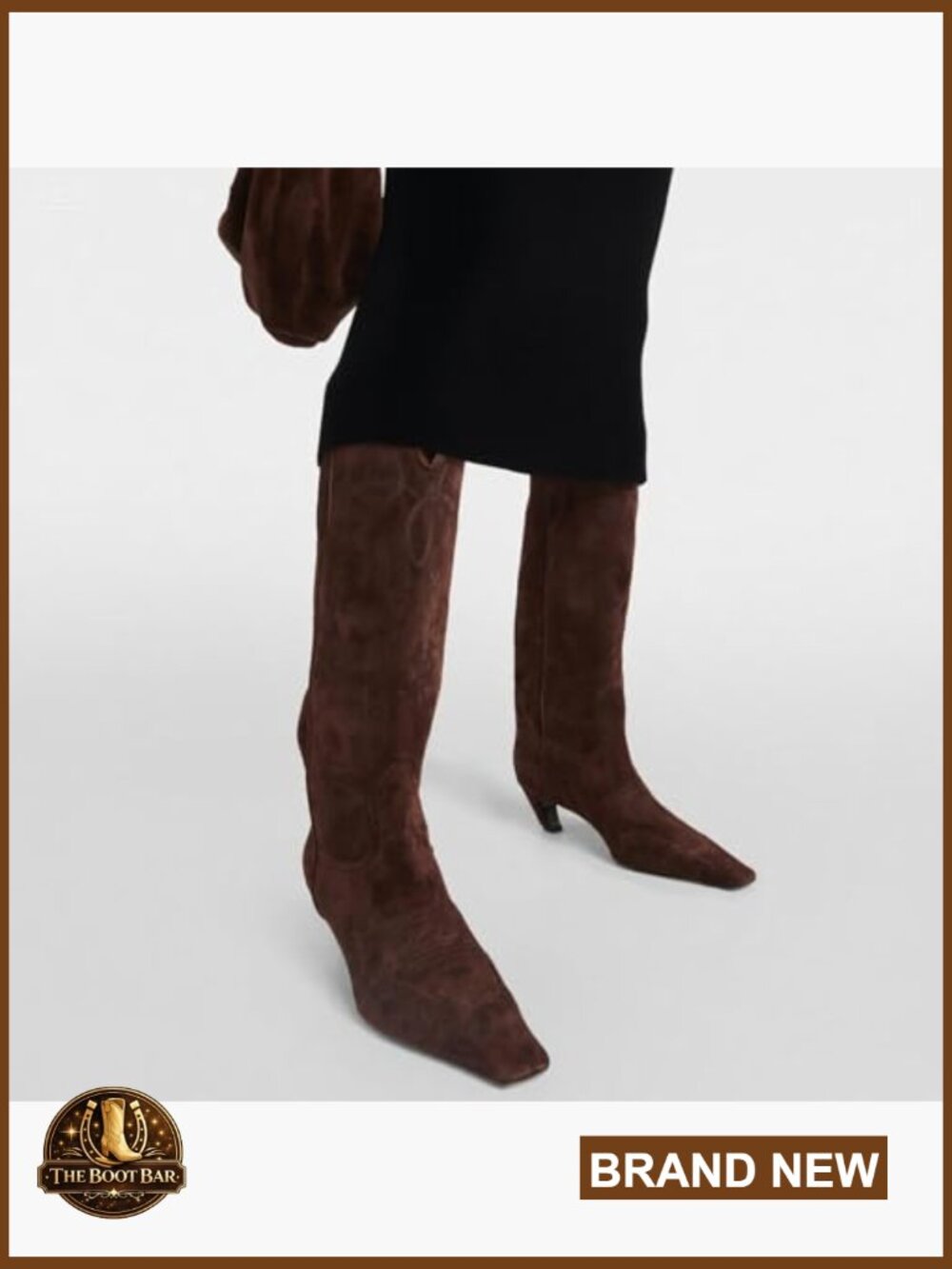 Suede Cowboy Knee High Boots Pointed Toe Kitten Heel Pull On Wide Calf - Picture 5 of 6